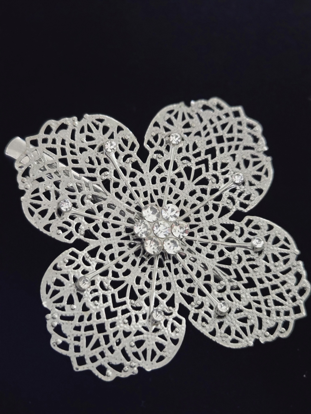 Silver Floral Filigree Hair Clip with Crystal Accents